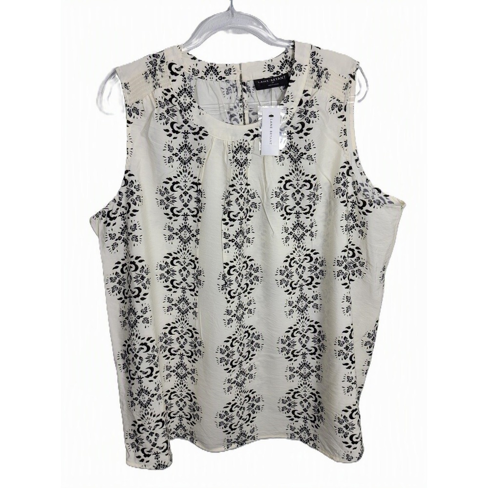 Lane Bryant Womens 22 Sleeveless Top Cream Black Medallion‎ Smocked Blouse NEW